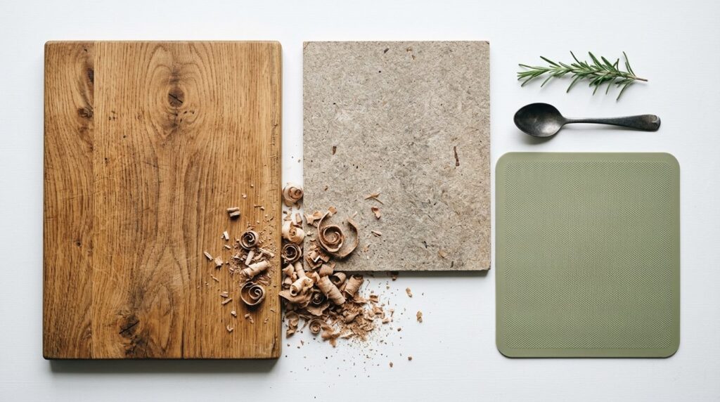 Close-up flat lay of sustainable kitchen materials showing t