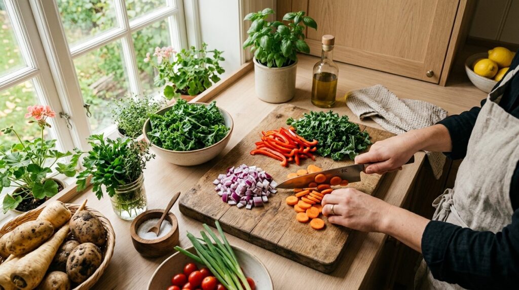 Overhead lifestyle shot in 16:9 of hands preparing vegetable