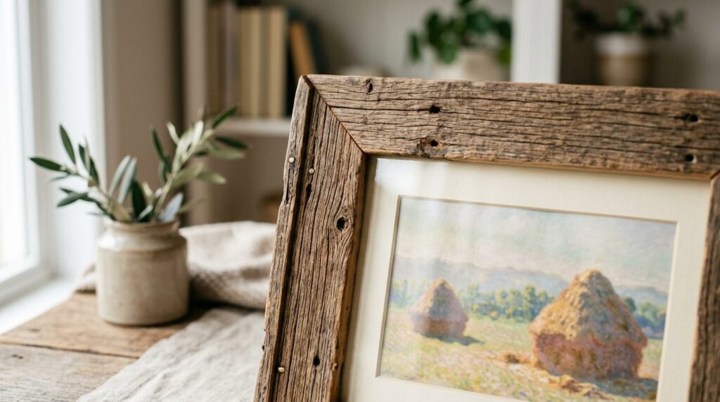 Close-up detail shot of an upcycled wooden picture frame mad