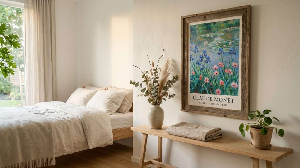 Scandinavian bedroom corner with a Monet garden series poste