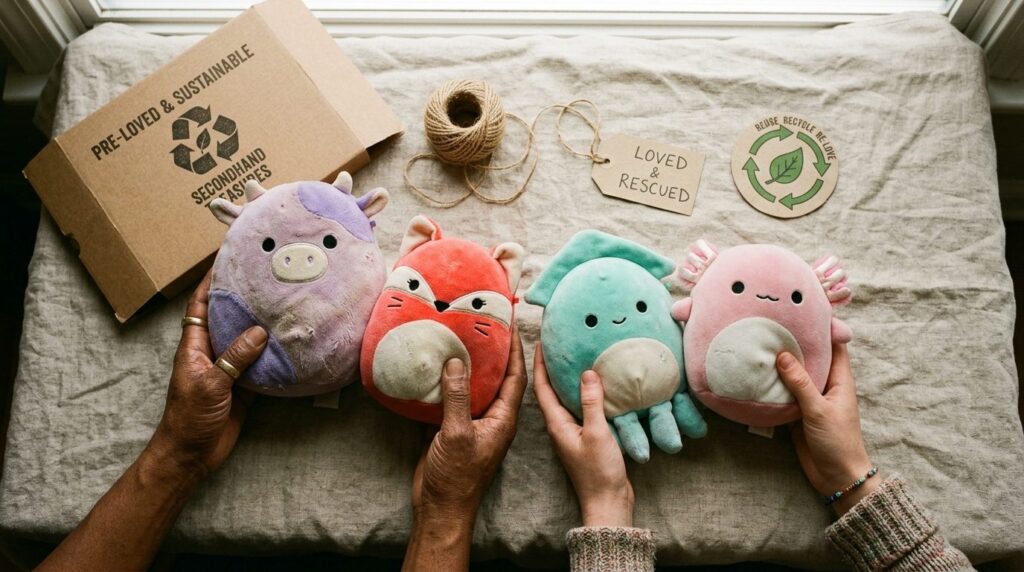 Close-up overhead shot of hands holding vintage and pre-love