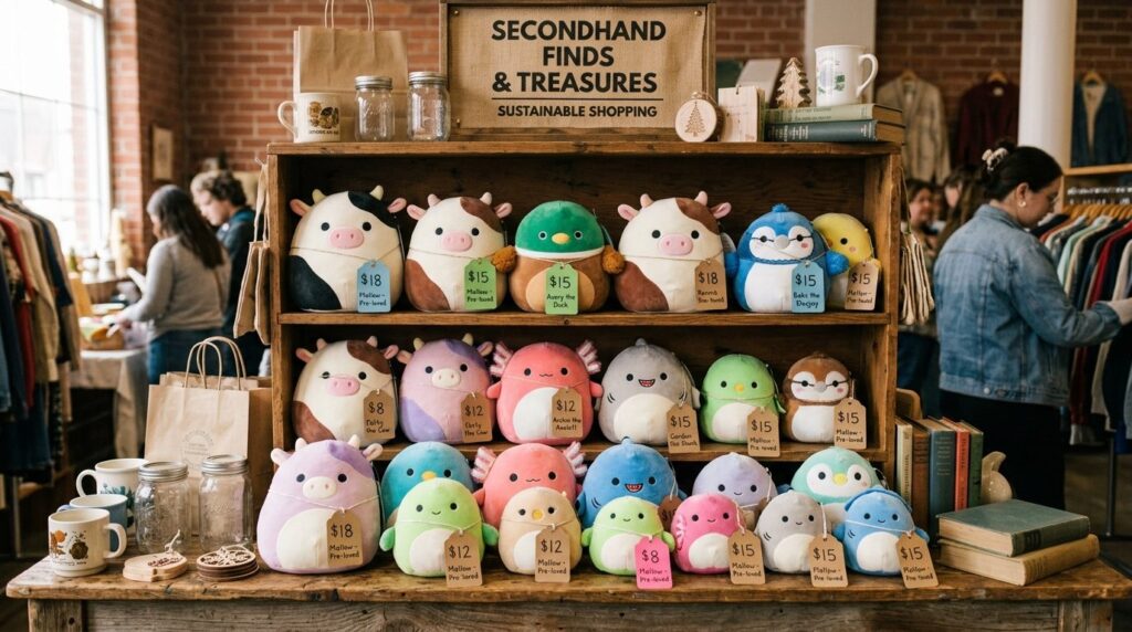 Thrift store shelf display featuring organized rows of secon