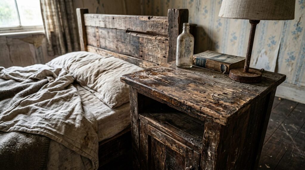 Close-up detail of upcycled wooden furniture in a vacation c