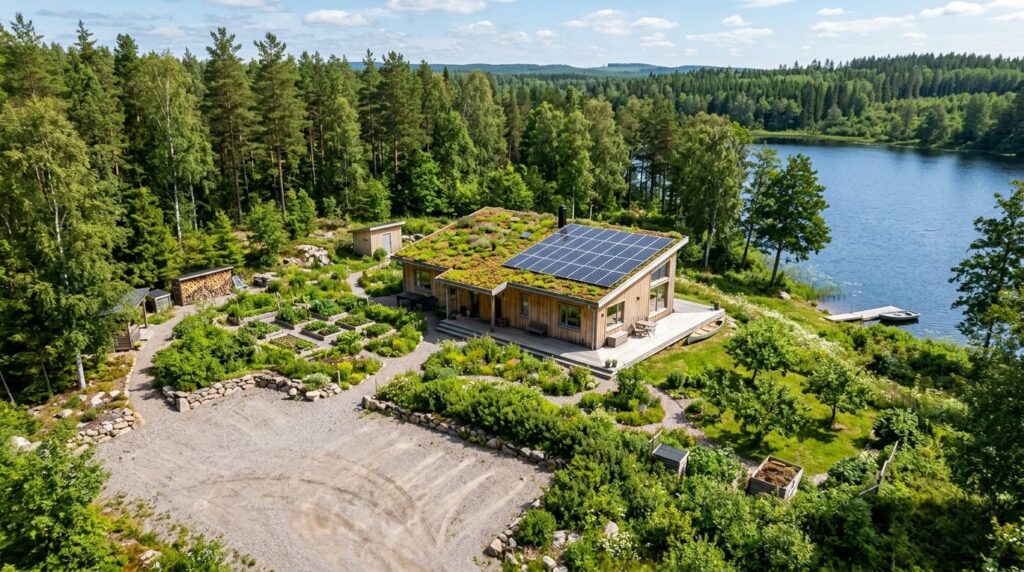 Aerial view of an eco-friendly summer house with green roof